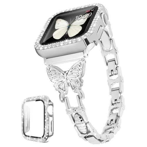 G-ficu Butterfly-Armband, kompatibel mit Apple Watch, 44 mm, mit Bling-Hülle, iWatch Serie 6 SE 5 4, niedliche, schlanke Metall-Schmuckbänder für Frauen, schickes Strass-Diamant-Armband (Silber) von G-ficu