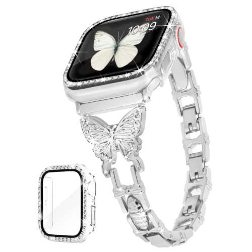 G-ficu Butterfly-Armband, kompatibel mit Apple Watch, 44 mm mit Hülle, iWatch Serie 6, SE, 5, 4, niedliche, schlanke Metall-Schmuckbänder für Frauen, schickes glitzerndes Strass-Diamant-Armband von G-ficu