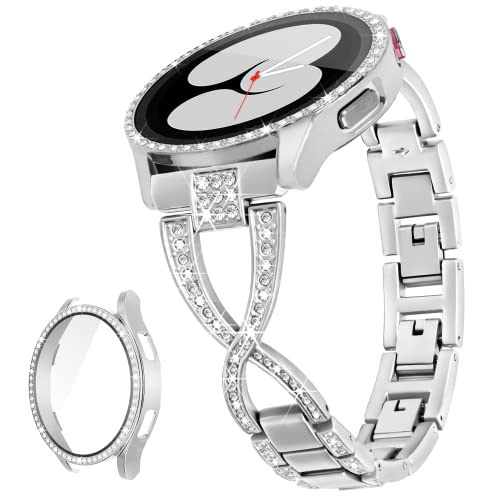 G-ficu Galaxy Watch 4 Band X-Form Band für Samsung Galaxy Watch 4 & 5, Band 40 mm, mit Displayschutzfolie, 20 mm Schnellverschluss, Frauen Bling Diamant Luxus Metallband & Schutzhülle (Silber) von G-ficu