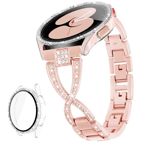 G-ficu Galaxy Watch 4 Band X-Form Band für Samsung Galaxy Watch 4 & 5 Band - 40 mm mit Displayschutzfolie Hülle, 20 mm Schnellverschluss Frauen Bling Diamant Luxus Metall Band & Bling Schutzhülle von G-ficu
