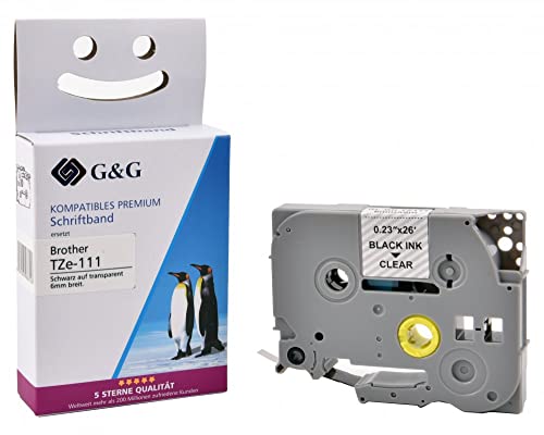G&G Kompatibles Schriftband für Brother TZe-111 Schwarz auf Tranzparent 6mm x 8m Etikettenband für Brother P-touch H105 H110 1000 1005 1010 1280 D400 PT-H105 PT-H110 von G&G