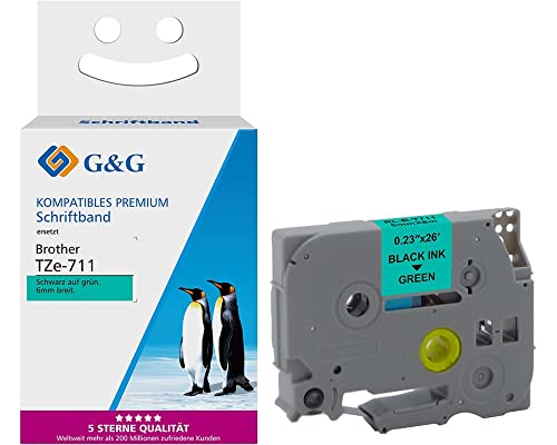 G&G Kompatibles Schriftband für Brother TZe-711 Schwarz auf Grün 6mm x 8m Etikettenband für Brother P-touch H105 H110 1000 1005 1010 1280 D400 PT-H105 PT-H110 von G&G