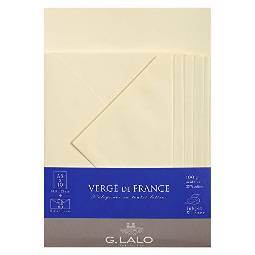 Lalo 61416L Korrespondenz Set Vergé de France (mit 5 Blatt DIN A5, 14,8 x 21 cm, 100 g, säurefrei, gerade Kante und 5 Umschläge, 11,4 x 16,2 cm, nassklebend und gefüttert, elfenbein) von G.Lalo