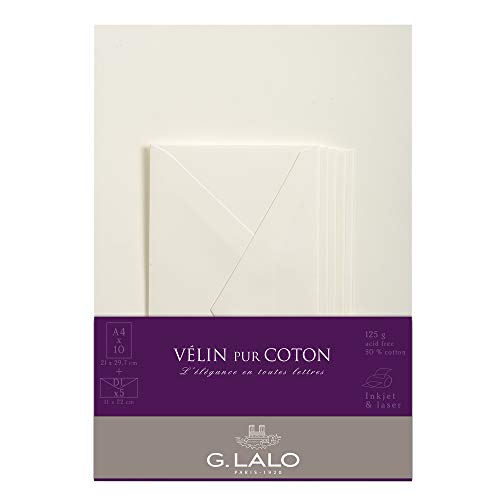 Lalo 61800L Korrespondenz Set Vélin Papier (mit 5 Blatt DIN A4, 21 x 29,7 cm, 125 g, säurefrei, gerade Kante und 5 Umschläge, 11 x 22 cm, nassklebend) creme von G.Lalo