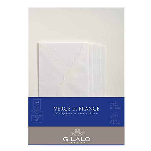 Lalo 62750L Korrespondenz Set Vergé de France (mit 5 Blatt DIN A4, 21 x 29,7 cm, 100 g, säurefrei, gerade Kante und 5 Umschläge, 11 x 22 cm, nassklebend und gefüttert) Extra Weiß von G.Lalo