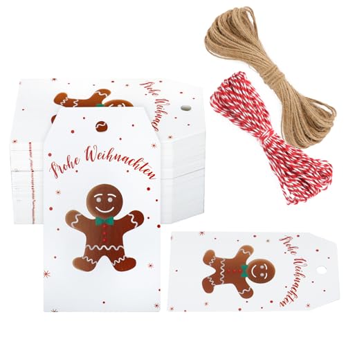 G2PLUS 100Stk Geschenkanhänger Weihnachten Kraftpapier Anhänger für Kinder 4x7CM Niedliche Weihnachtsanhänger Lebkuchenmann Anhänger mit Jute-Schnur zum DIY Deko Geschenk Weihnachten von G2PLUS