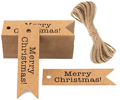 G2PLUS Merry Christmas Geschenk Anhänger,100 Stück Geschenkanhänger Weihnachten Papieranhänger Tags,2CM*7CM Schilder Anhänger mit Schnur zum Weihnachtsdekoration (Braun) von G2PLUS