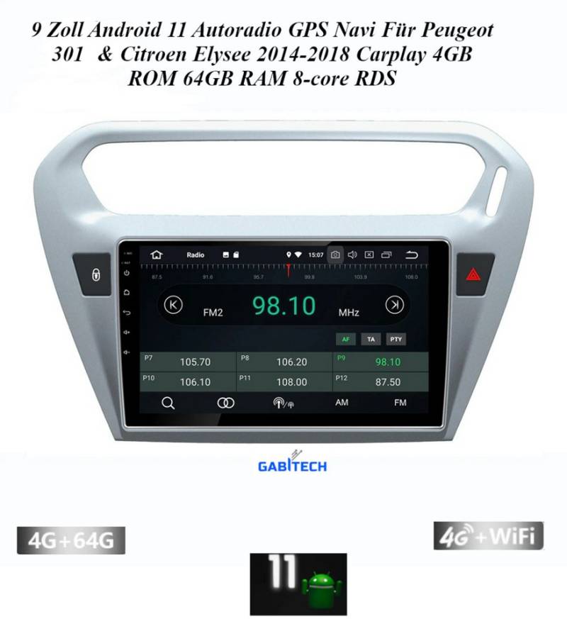 GABITECH 9 Zoll Android 13 für Peugeot 301 Citroen Elysee Carplay 4GB RAM 64GB Autoradio von GABITECH