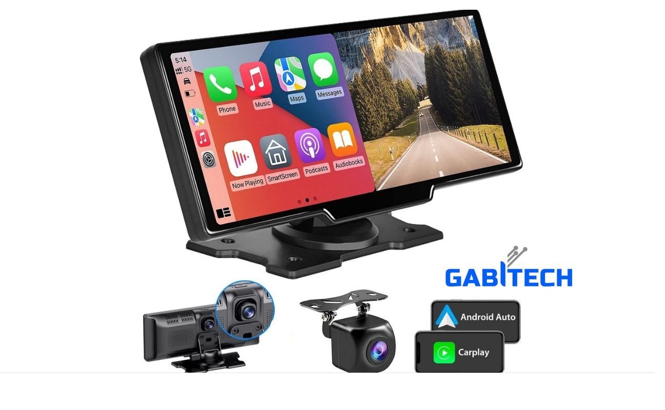 GABITECH 10 Zoll Carplay Smartphone Monitor inkl 2 Kameras & Sprachsteuerung Navigationsgerät (Bluetooth, 1 DVR Dashcam & Videoaufzeichnung, 1 Rückfahrkamera, WiFi) von GABITECH