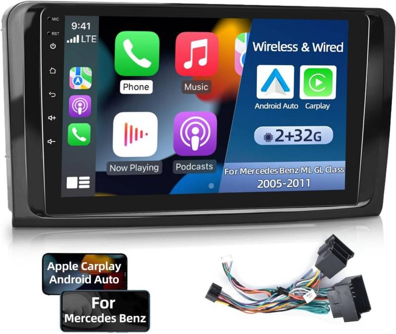 GABITECH 9 zoll Android 13.0 Autoradio Carplay für Mercedes Benz ML und GL 4GB Autoradio (Drahtlos Carplay und Android Auto. 8 Core, 4GB RAM, 64GB ROM) von GABITECH