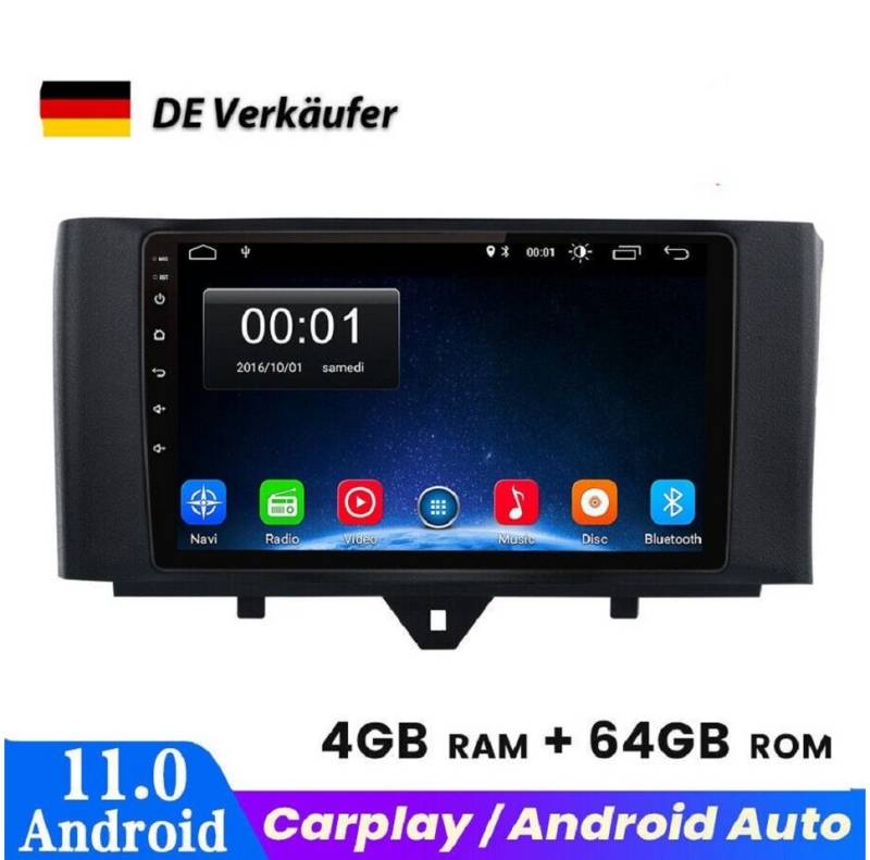 GABITECH 9 Zoll Autoradio Navi Carplay für Mercedes Smart Fortwo 451 2010-2015 Autoradio (Drahtloses Carplay & AndroidAuto,3D Navi, 4GB RAM, 64GB ROM,WiFi,DAB) von GABITECH