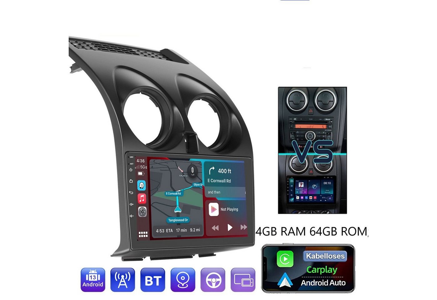 GABITECH für Nissan Qashqai Android 13 Autoradio GPS Touchscreen Bluetooth Einbau-Navigationsgerät von GABITECH