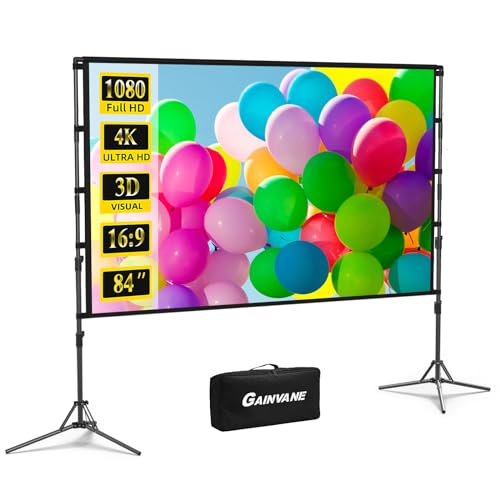 Projektor-Leinwand und Ständer, tragbare Projektor-Leinwand für drinnen und draußen, 9:9, 4K-HD, faltenfrei, leicht, Filmleinwand mit Tragetasche für Hinterhof-Filmabend, 213,4 cm (84 Zoll) von GAINVANE