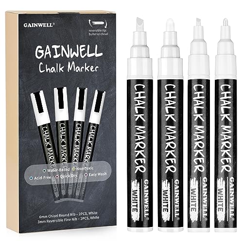 GAINWELL Weißer flüssiger Kreidemarker 3mm und 6mm Spitzen - Verwendung auf Kreidetafel, Whiteboard, Glas - 4er Pack - Wasserbasierender Stift zum Abwaschen mit Feuchttuch von GAINWELL