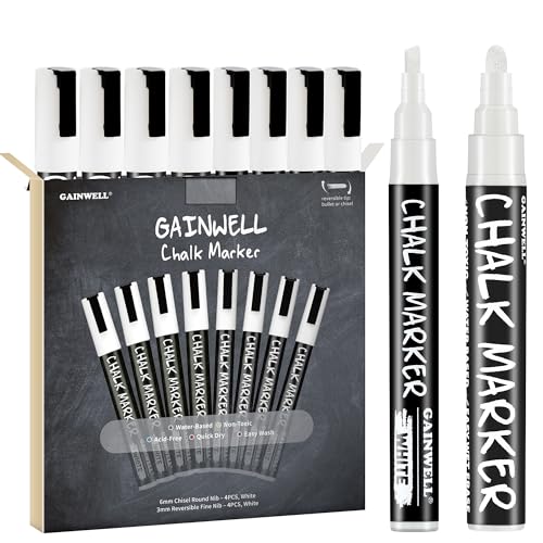 GAINWELL Weißer flüssiger Kreidemarker 3mm und 6mm Spitzen - Verwendung auf Kreidetafel, Whiteboard, Glas - 8er Pack - Wasserbasierender Stift zum Abwaschen mit Feuchttuch von GAINWELL