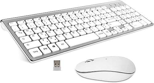 GALENMORO Tastatur Maus Set Kabellos - QWERTZ (Deutsch) USB Funktastatur mit Maus Ergonomisch Tastatur für Computer/PC/Laptop/Smart TV- Silber Weiß von GALENMORO