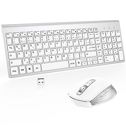Tastatur Maus Set Kabellos - (Deutsch) USB QWERTZ Funk Tastatur Klein Maus Ultradünne Leise Ergonomisch Tastatur für Computer/PC/Laptop/Smart TV/Windows- Silber Weiß von GALENMORO