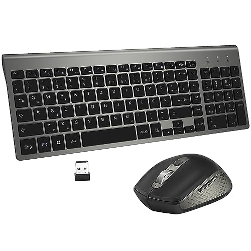 Tastatur Maus Set Kabellos - (Deutsch) USB QWERTZ Funk Tastatur Klein Maus Ultradünne Leise Ergonomisch Tastatur für Computer/PC/Laptop/Smart TV/Windows- Silber Weiß von GALENMORO