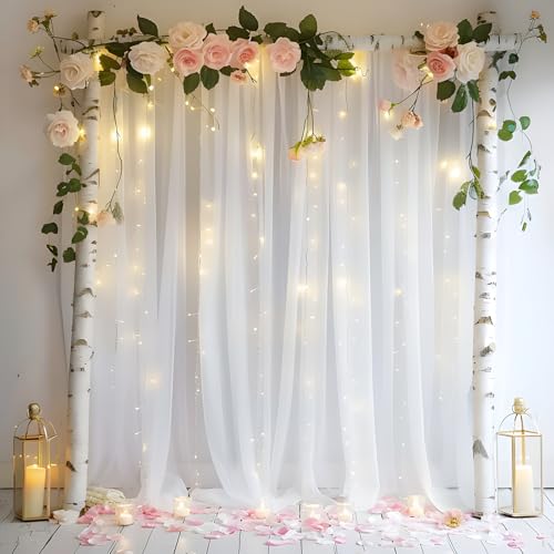 Weißer Hintergrundvorhang mit Lichterketten für Geburtstagsdekorationen, 3 x 3 m, Tüll-Hintergrundvorhang für Pariten, Hochzeit, Brautparty, Babyparty, Brautparty, 2 Paneele, 15,7 x 3 m Weißer Hintergrundvorhang mit Lichterketten für Geburtstagsdekorationen, 3 x 3 m, Tüll-Hintergrundvorhang für Pariten, Hochzeit, Brautparty, Babyparty, Brautparty, 2 Paneele, 15,7 x 3 m von GALLETY