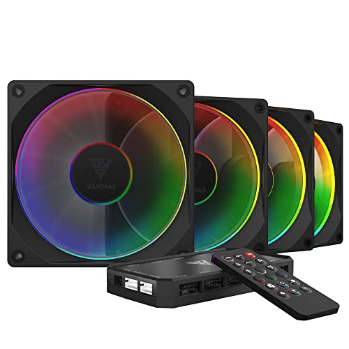 GAMDIAS 120 mm ARGB PC-Gehäuselüfter, Computergehäuselüfter, PWM-Steuerung, unterstützt Motherboard-Synchronisation, Fernbedienung und Steuerbox, integrierte 55 Lichteffekte, 4 Stück von GAMDIAS