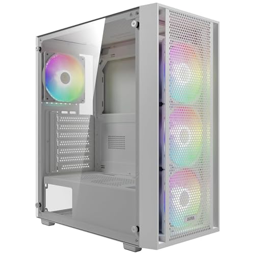 GAMDIAS Aura GC2 Elite ARGB ATX Gaming Midi-Tower PC-Gehäuse, 4 x 120-mm-ARGB-Lüfter, High Airflow Mesh Front Panel, Werkzeuglose Installation Tempered Glass Side Panel, Motherboard Sync, Weiß von GAMDIAS