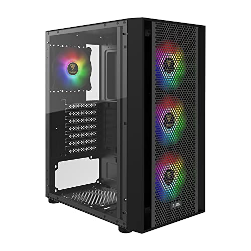Zeus GAMDIAS ATX Mid Tower Gaming Computer PC Gehäuse mit seitlichem gehärtetem Glas, 4 x 120 mm ARGB-Gehäuselüftern und Sync mit 5 V RGB-Motherboard und exzellentem Luftstrom von GAMDIAS