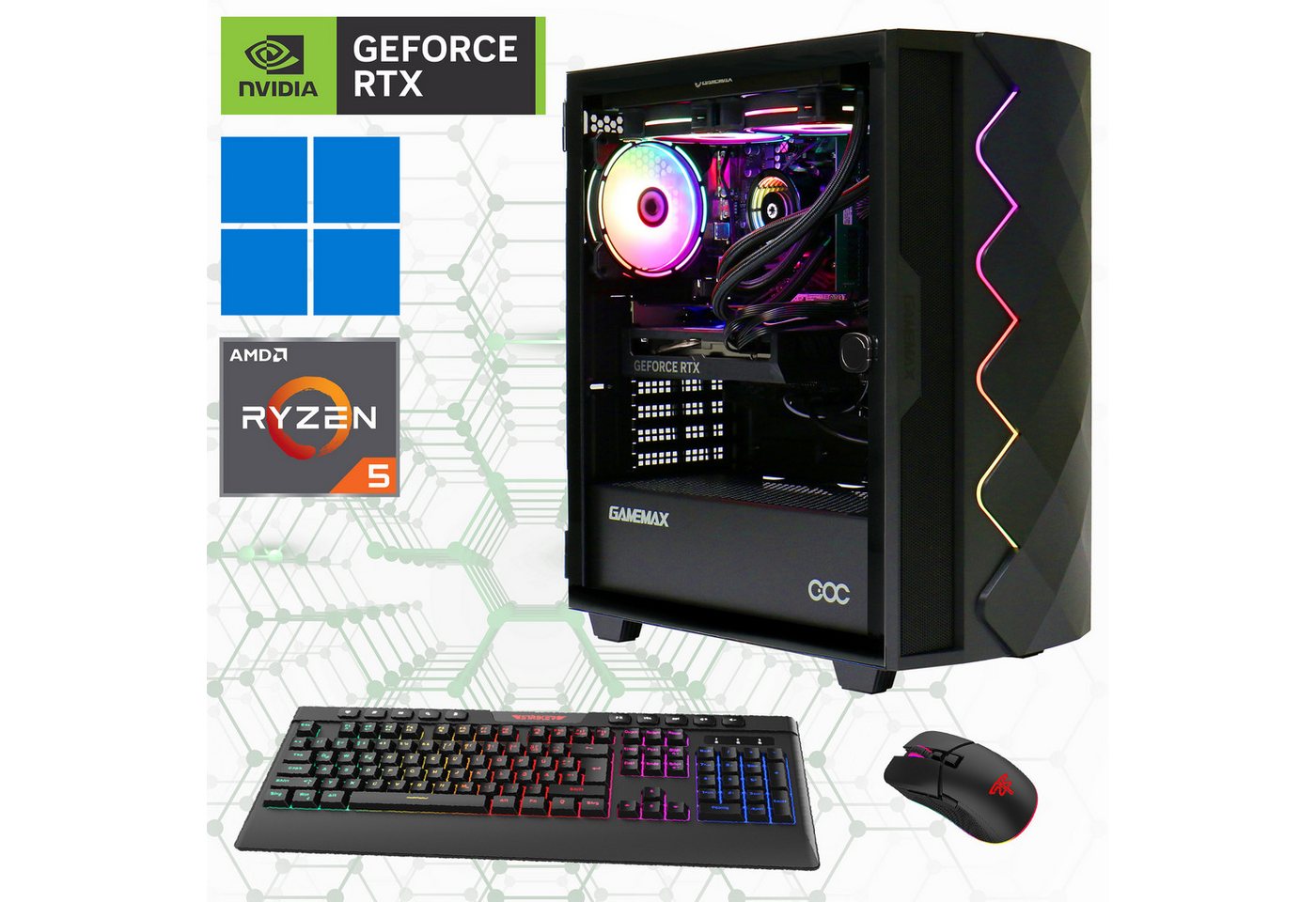 GAMEMAX Diamond BK 7328 Gaming-PC (AMD Ryzen 5 5500, RTX 4060, 32 GB RAM, 2000 GB SSD, Wasserkühlung, Gen4 SSD, Windows 11) von GAMEMAX