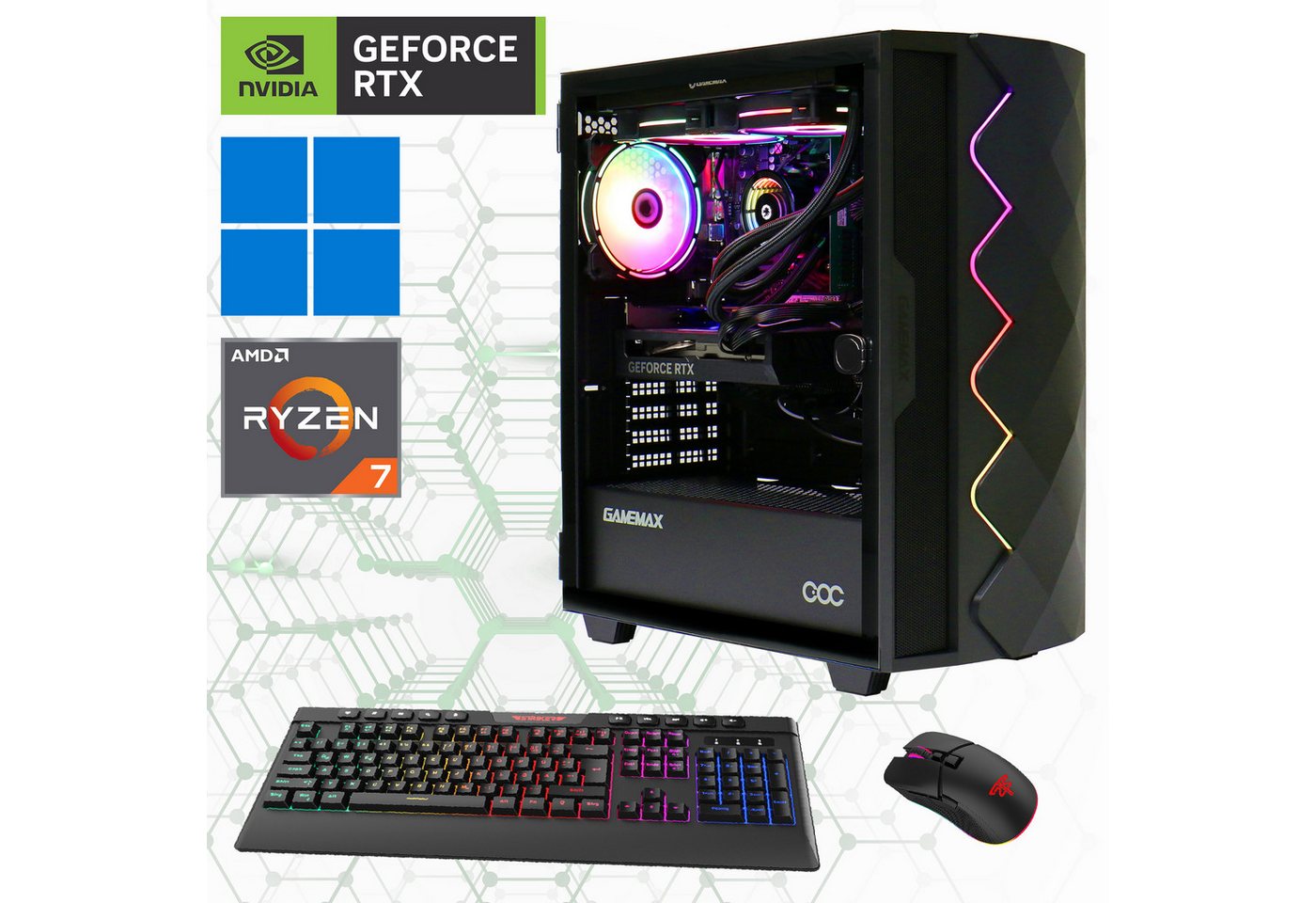 GAMEMAX Gaming-PC (AMD Ryzen 7 7700X, RTX 4060, 32 GB RAM, 2000 GB SSD, Wasserkühlung, DDR5-RAM, PCIe SSD Gen4, Windows 11) von GAMEMAX