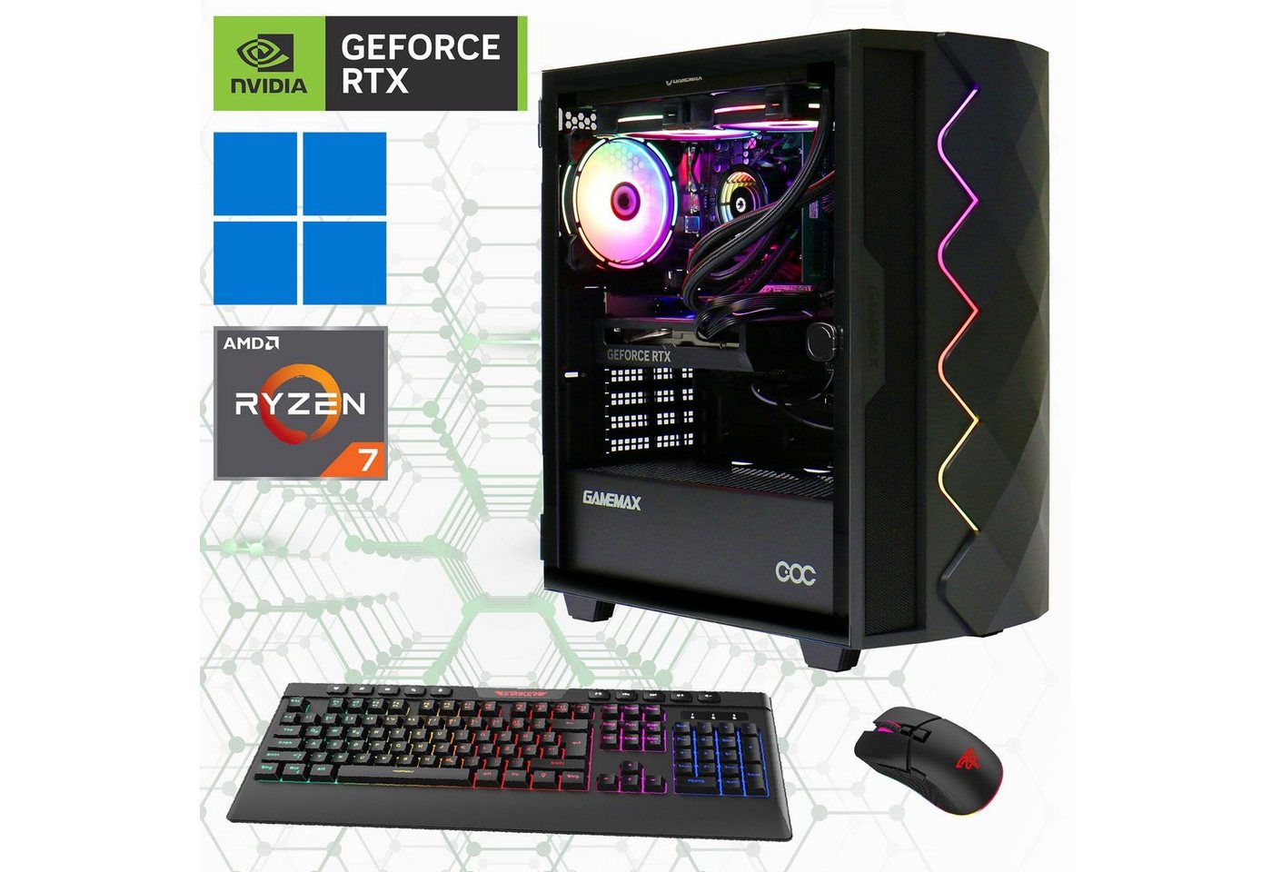 GAMEMAX Gaming-PC (AMD Ryzen 7 7700X, RTX 4070 Ti Super, 32 GB RAM, 2000 GB SSD, Wasserkühlung, DDR5-RAM, PCIe SSD Gen4, Windows 11) von GAMEMAX