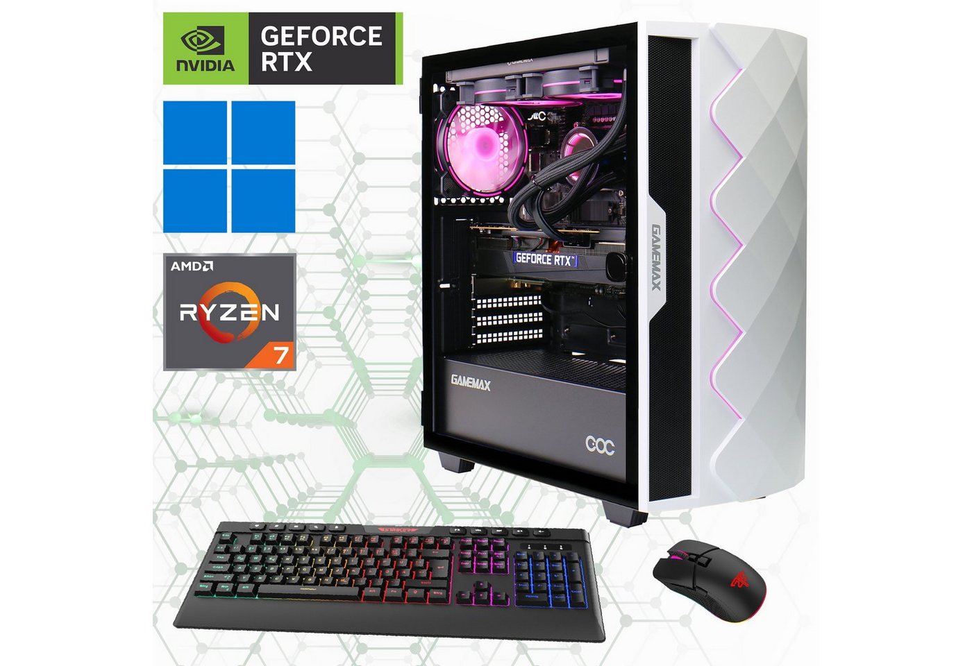 GAMEMAX Gaming-PC (AMD Ryzen 7 7700X, RTX 4080 Super, 32 GB RAM, 2000 GB SSD, Wasserkühlung, DDR5-RAM, PCIe SSD Gen4, Windows 11) von GAMEMAX