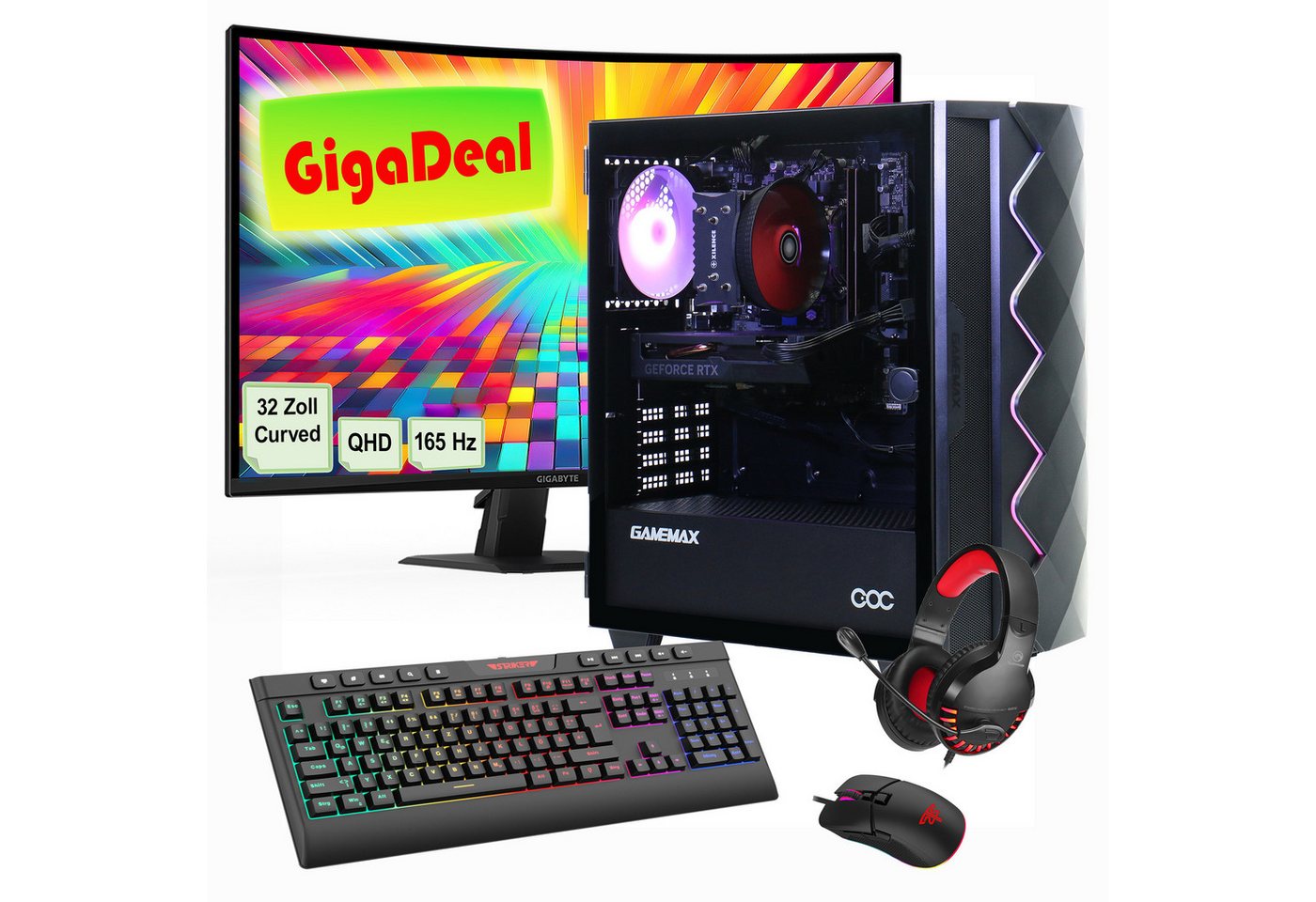GAMEMAX GigaDeal Gaming-PC-Set Diamond BK PC-Komplettsystem (32", Intel® Core i5 14400F, RTX 4070, 32 GB RAM, 1000 GB SSD, Windows 11 + Gigabyte GS32QC LED-Monitor Curved, 80 cm (32) von GAMEMAX