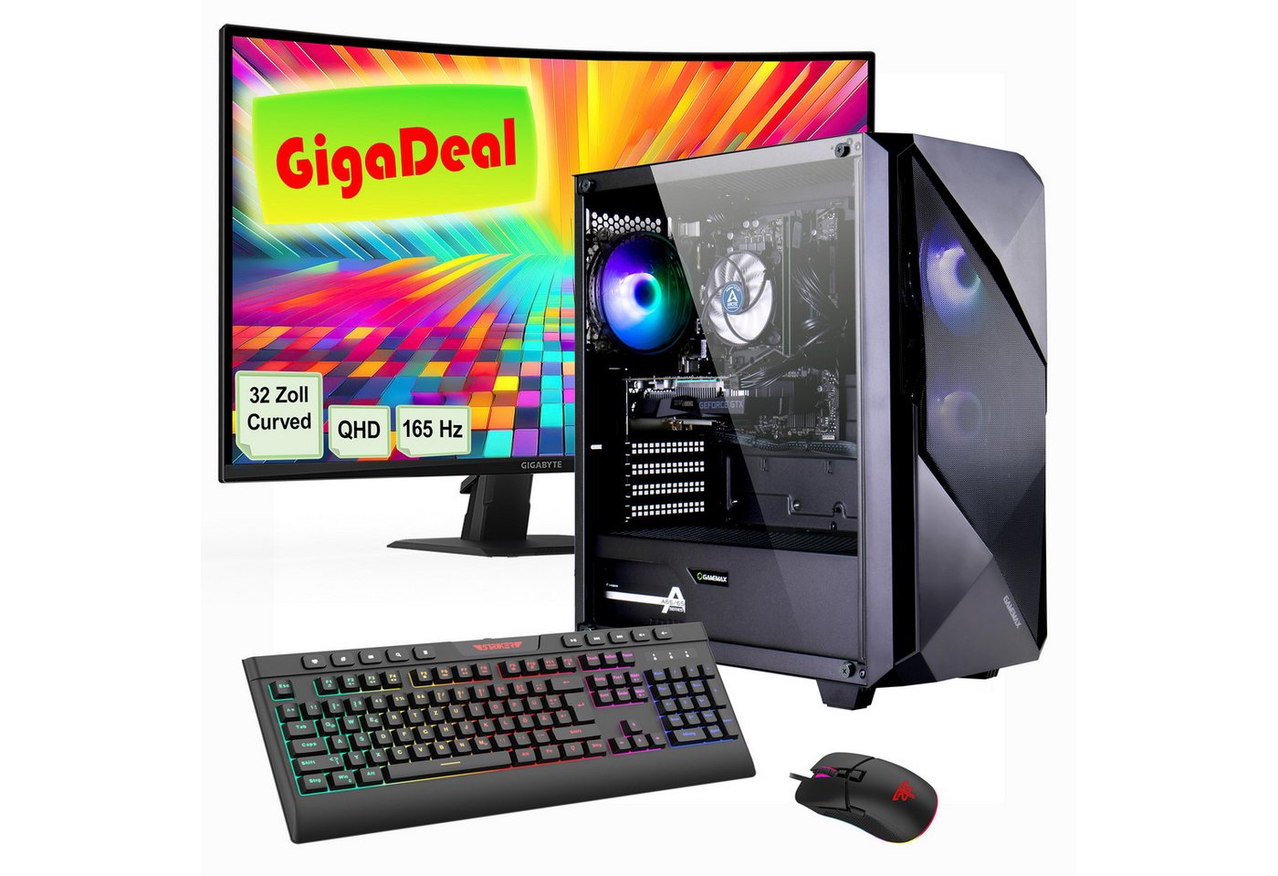 GAMEMAX GigaDeal Gaming-PC-Set Striker PC-Komplettsystem (32", AMD Ryzen 5 7500F, RTX 4060, 32 GB RAM, 1000 GB SSD, Windows 11, DDR5 RAM + Gigabyte GS32QC LED-Monitor Curved, 80 cm (32) von GAMEMAX