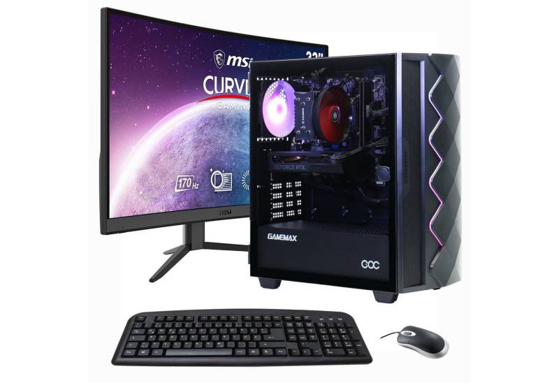 GAMEMAX MegaDeal Gaming-PC-Set Diamond BK PC-Komplettsystem (32", AMD Ryzen 5 5500, GeForce RTX™ 4060, 32 GB RAM, Windows 11 + MSI G32C4 E2 Monitor Curved 80cm (32) + Maus & Tastatur) von GAMEMAX
