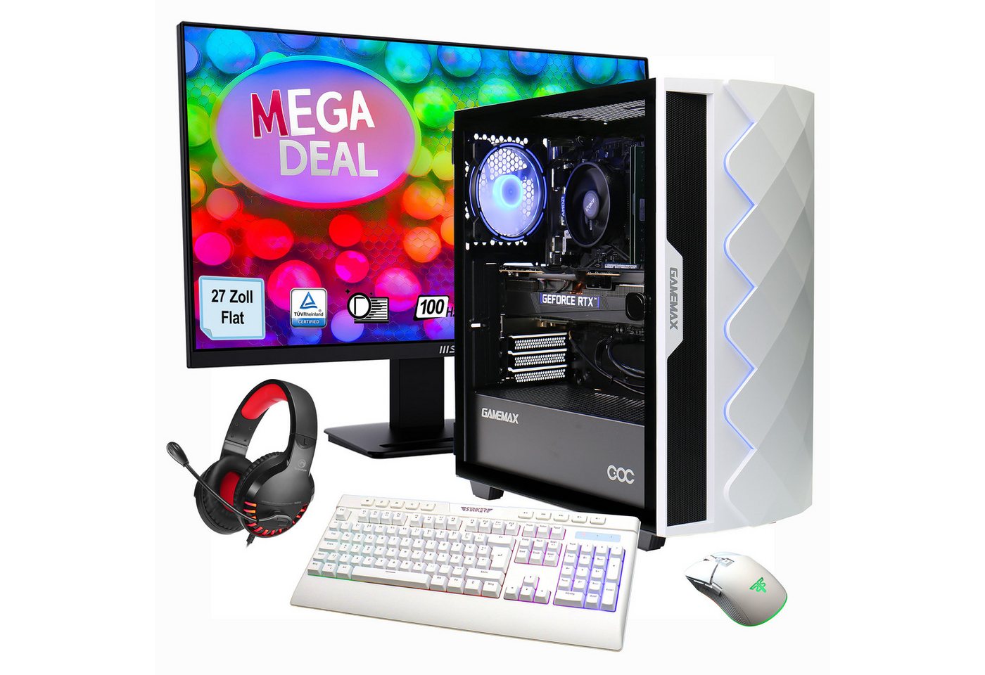 GAMEMAX MegaDeal Gaming-PC-Set Diamond WT PC-Komplettsystem (27", Intel® Core i7 14700F, GeForce RTX™ 4070, 32 GB RAM, 1000 GB SSD, Windows 11 + MSI PRO MP273A Monitor, 69cm (27) von GAMEMAX