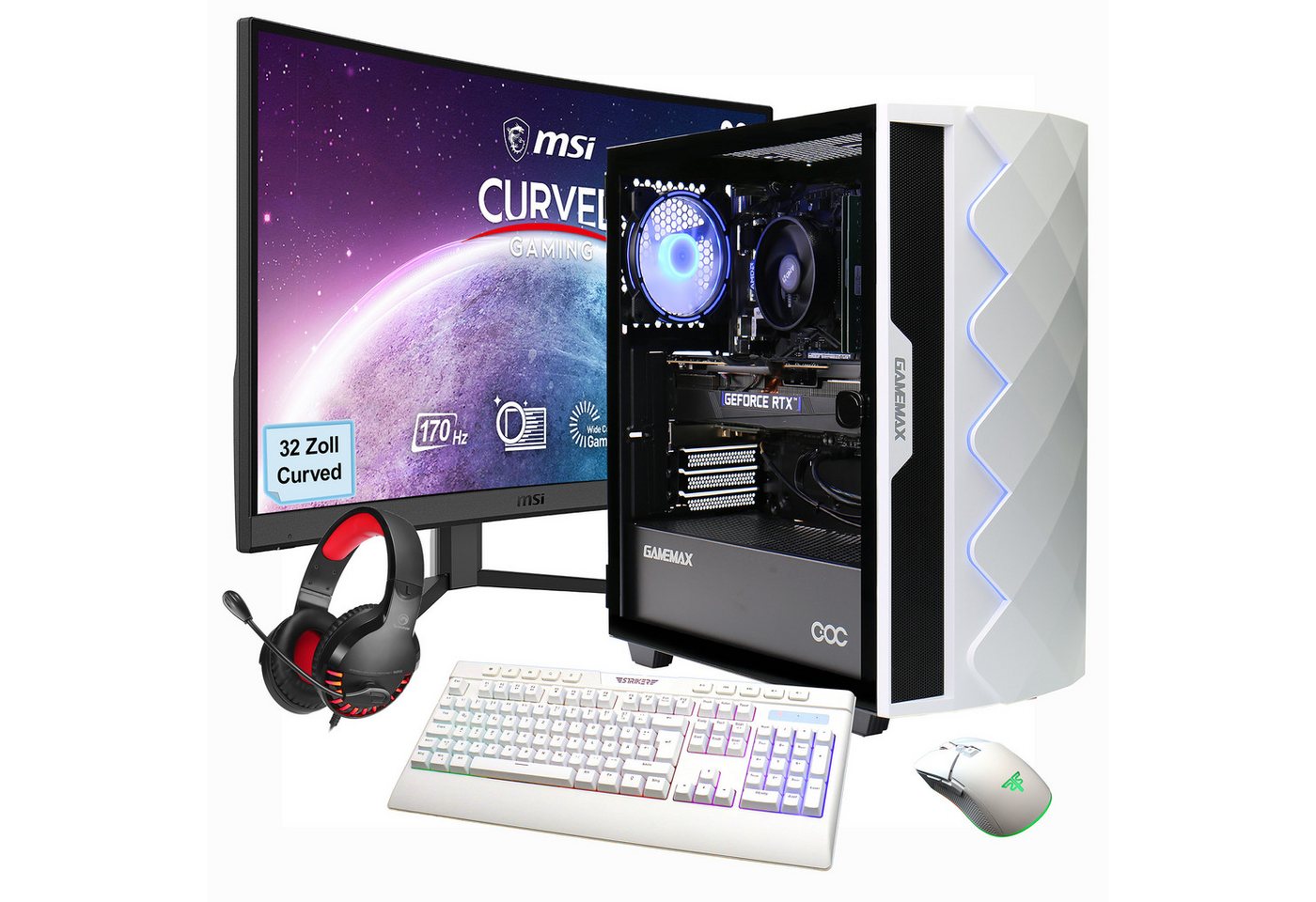 GAMEMAX MegaDeal Gaming-PC-Set Diamond WT PC-Komplettsystem (32", Intel® Core i7 14700F, GeForce RTX™ 4070, 32 GB RAM, 1000 GB SSD, Windows 11 + MSI G32C4 E2 Monitor Curved 80cm (32) von GAMEMAX