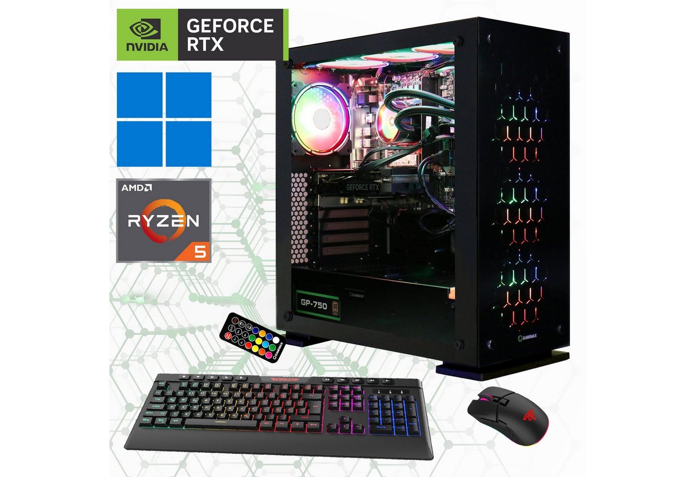 GAMEMAX Onyx II 7175 Gaming-PC (AMD Ryzen 5 7600X, RTX 4060, 16 GB RAM, 1000 GB SSD, Wasserkühlung, DDR5, PCIe SSD Gen4, Windows 11) von GAMEMAX