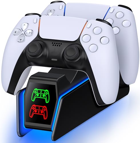 GAMSINGY PS5 Controller Ladestation, PS5 Zubehörsets Ladestation für Dualsense Wireless/Edge Controller, Ladestation für Playstation 5 Controller Zubehör Ladestation PS5 mit 2Std Schnelllade/RGB Licht von GAMSINGY