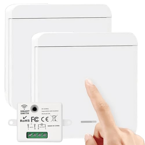 Funkschalter Set, 2 Funk Lichtschalter für Lampe & 1 Empfänger, 1 Taste Lichtschalter Funk-Wandschalter 50M Reichweite Intelligenter RF433-Schalter Funkschalter Set Keine Verkabelung Erforderlich Weiß von GAOUTO