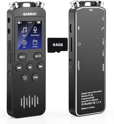 GARMAY Digitaler Diktiergerät, 72 GB, 1536 KBPS, 5148 Stunden, Aufnahmekapazität, 32 Stunden, Akkuzeit, Sprachaktivierung, Rauschunterdrückung, Audio-Recorder mit Wiedergabe für Meeting-Vorlesung von GARMAY