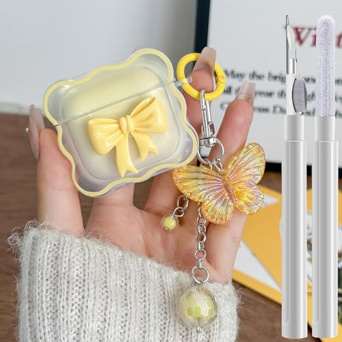 Kompatibel mit AirPods 4, transparente Hülle, Gelb, 3D-Schleifenmuster, iPods 4 Hüllen mit niedlichem Schmetterlings-Schlüsselanhänger, weiche TPU-Schutzhülle, stoßfeste Hülle und Reinigungsset für Kompatibel mit AirPods 4, transparente Hülle, Gelb, 3D-Schleifenmuster, iPods 4 Hüllen mit niedlichem Schmetterlings-Schlüsselanhänger, weiche TPU-Schutzhülle, stoßfeste Hülle und Reinigungsset für von GARTOO