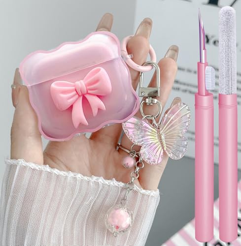 Kompatibel mit AirPods 4, transparente Hülle, Rosa, 3D-Schleifenmuster, entworfen für iPods 4, mit niedlichem Schmetterlings-Schlüsselanhänger, weiche TPU-Schutzhülle, stoßfeste Hülle und von GARTOO