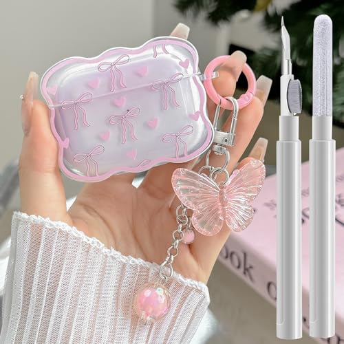 Kompatibel mit AirPods Pro 2/1, transparente Hülle, niedliches Rosa, Schleifen-Muster, entworfen für iPods Pro 2 Hüllen mit Schmetterlings-Schlüsselanhänger, weiche TPU-Schutzhülle und Reinigungsset Kompatibel mit AirPods Pro 2/1, transparente Hülle, niedliches Rosa, Schleifen-Muster, entworfen für iPods Pro 2 Hüllen mit Schmetterlings-Schlüsselanhänger, weiche TPU-Schutzhülle und Reinigungsset von GARTOO