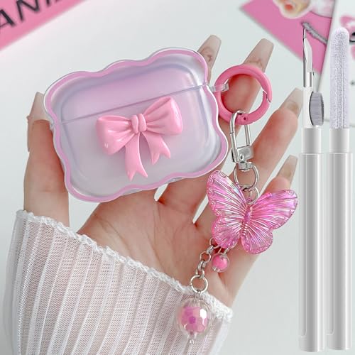Kompatibel mit AirPods Pro 2/1, transparente Hülle, rosarot, 3D-Schleifenmuster, entworfen für iPods Pro 2, mit süßem Schmetterlings-Schlüsselanhänger, weiche TPU-Schutzhülle und Reinigungsset für Kompatibel mit AirPods Pro 2/1, transparente Hülle, rosarot, 3D-Schleifenmuster, entworfen für iPods Pro 2, mit süßem Schmetterlings-Schlüsselanhänger, weiche TPU-Schutzhülle und Reinigungsset für von GARTOO
