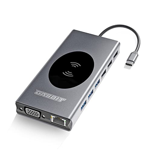USB C Hub 15-in-1 mit kabellosem Telefon-Ladegerät für MacBook Pro/Air - Dell - Lenovo - HP; USB-C auf 4K HDMI Dongle; VGA; SD/MicroSD-Kartenlesegerät; Ethernet; 3 x USB 2.0; 4 x USB 3.0; 1 x USB-C von GASBIT