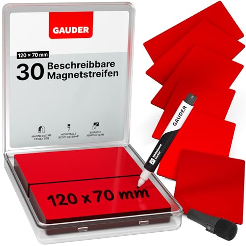 GAUDER Magnetstreifen beschreibbar | Magnetschilder zum Beschriften | Magnetkarten für Kanban Board, Whiteboard & Tafel (120 x 70 x 0,8 mm) von GAUDER