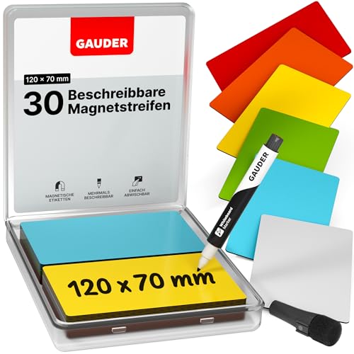 GAUDER Magnetstreifen beschreibbar | Magnetschilder zum Beschriften | Magnetkarten für Kanban Board, Whiteboard & Tafel (120 x 70 x 0,8 mm) von GAUDER
