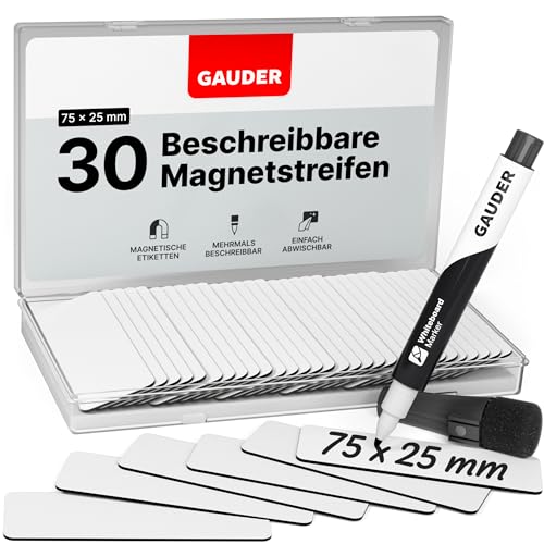 GAUDER Magnetstreifen beschreibbar | Magnetschilder zum Beschriften | Magnetkarten für Kanban Board, Whiteboard & Tafel (75 x 25 mm) von GAUDER