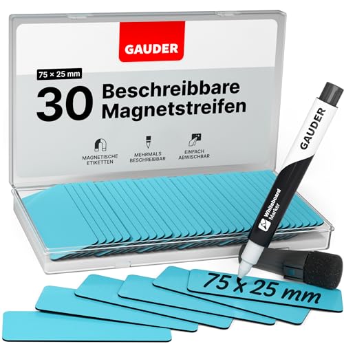 GAUDER Magnetstreifen beschreibbar | Magnetschilder zum Beschriften | Magnetkarten für Kanban Board, Whiteboard & Tafel (75 x 25 mm) von GAUDER