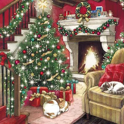 GBCC Paper House Weihnachtskarten, Motiv: schlafende Katze und Hund am Kamin, mehrfarbig, 141 x 141 mm, 6 Stück von GBCC