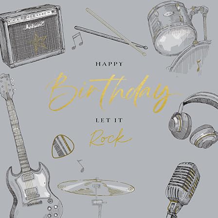 Paper House Geburtstagskarte für Männer und Jungen, Motiv: "Let it Rock", Musikinstrumente mit Folien-Details, umweltfreundlich und recycelbar von GBCC